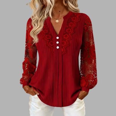 Elegant Bluse med Blonde, Paneler, Lange Ærmer og V-hals