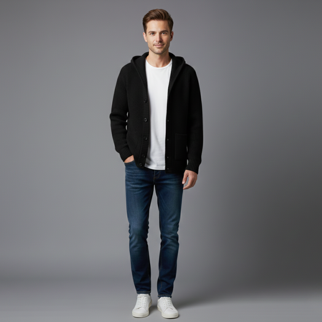 🧶 Strikjakke med Hætte – Premium Vintervarme til Mænd